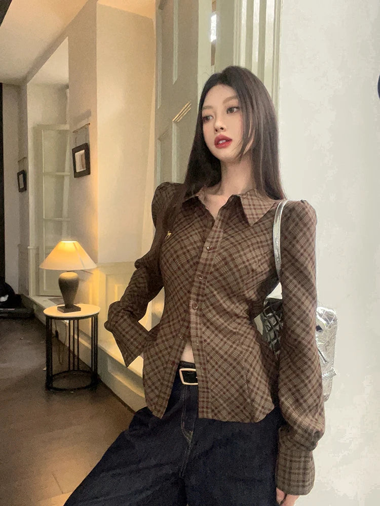 Vintage Plaid Shirt Women Brown Embroidered Waistband Tied Blouse Puff Sleeve Tops Spring Slim Button Up Clothes Chic