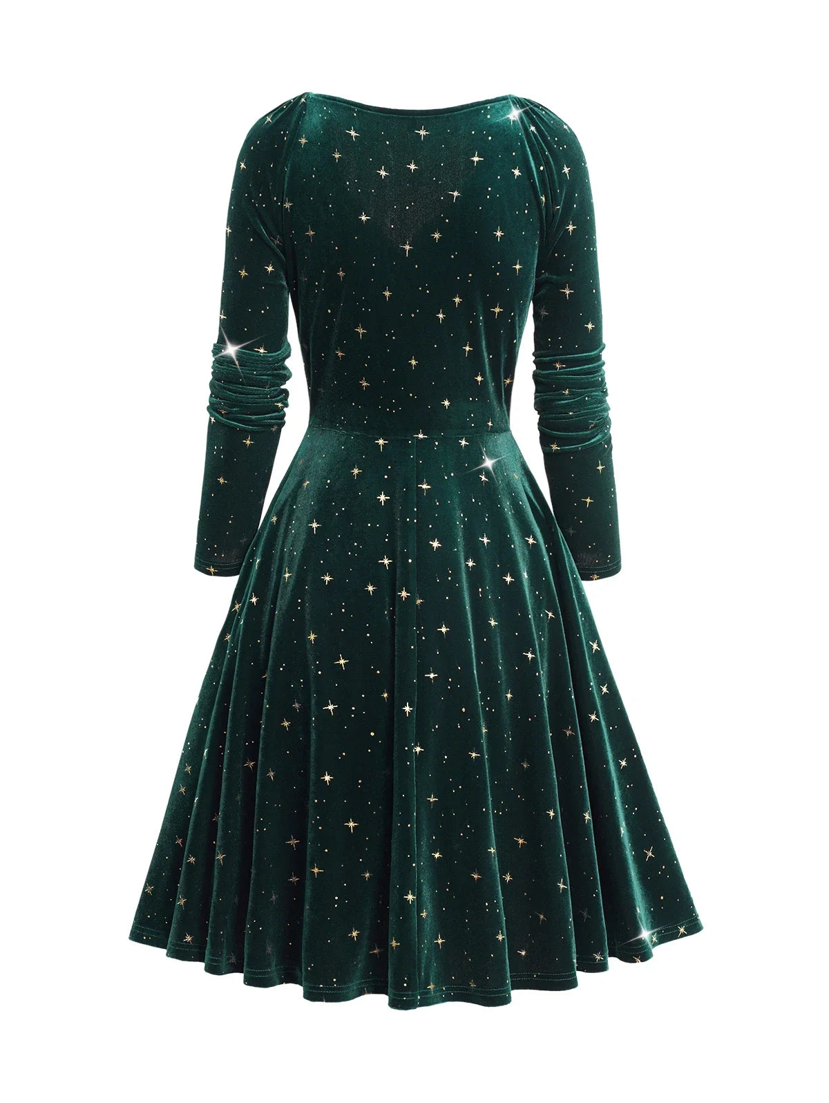 Womens Fall Winter Dresses Embellished Star Print Wrap Front Elastic Shoulder Velvet Long Sleeve Dress New Green Dresses