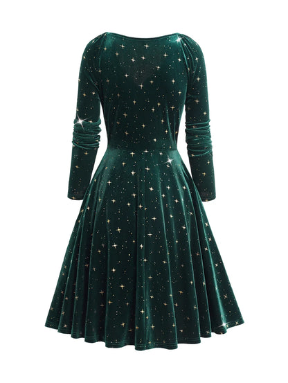 Womens Fall Winter Dresses Embellished Star Print Wrap Front Elastic Shoulder Velvet Long Sleeve Dress New Green Dresses