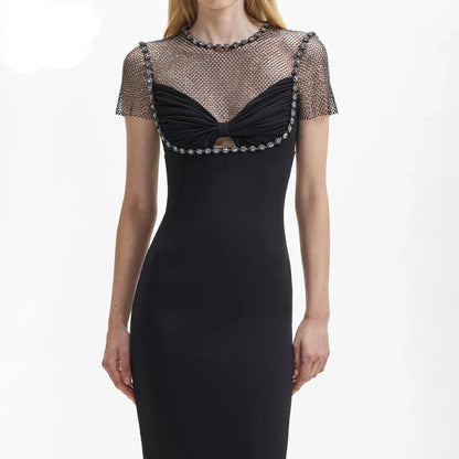 Crystal Embellished Mesh Cap Sleeve Bow Cutout Midi Dress