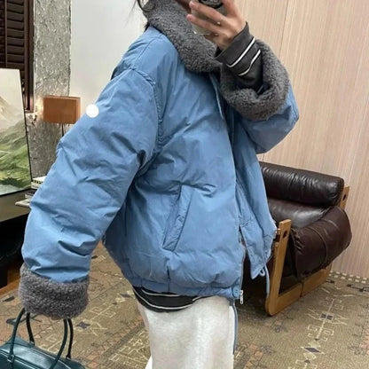 Lamb Wool Collar Spliced Cotton Jacket for Women with Fashionable Design Loose Winter Casual Cotton Jacket