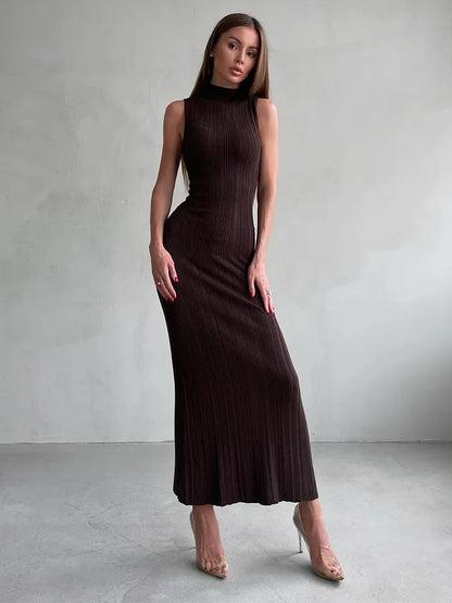 Mock Neck Sleeveless Rib Knit Bodycon Maxi Dress