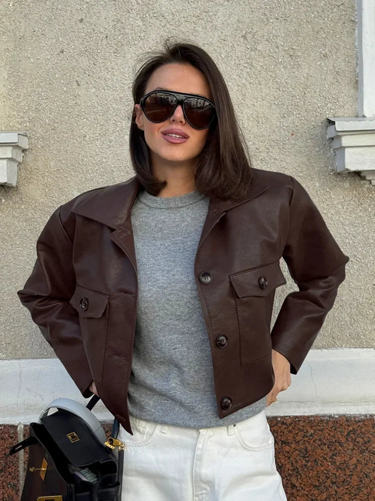 Elegant Brown Leather Cropped Jacket Women Fashion Laple Single Breasted Long Sleeves Coats Autumn Lady High Street Outwears