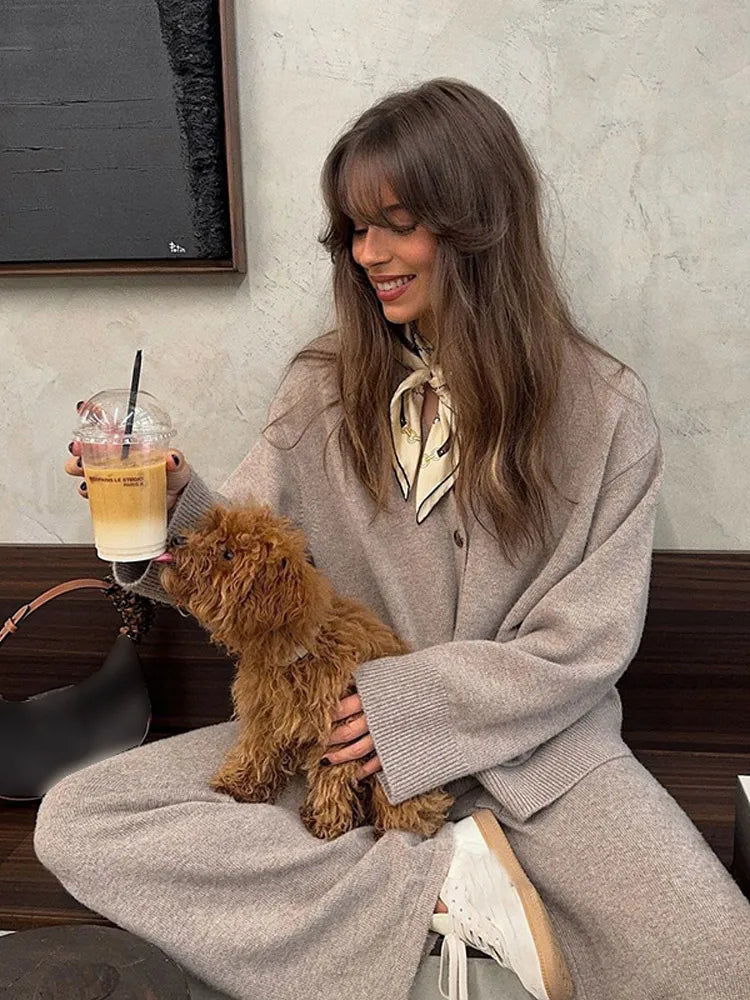 New Chic V-neck Buttons Cardigan Sets With Pockets Women's Solid Knitted Wide Long Pants Suit Lady Daily Streetwear Autumn