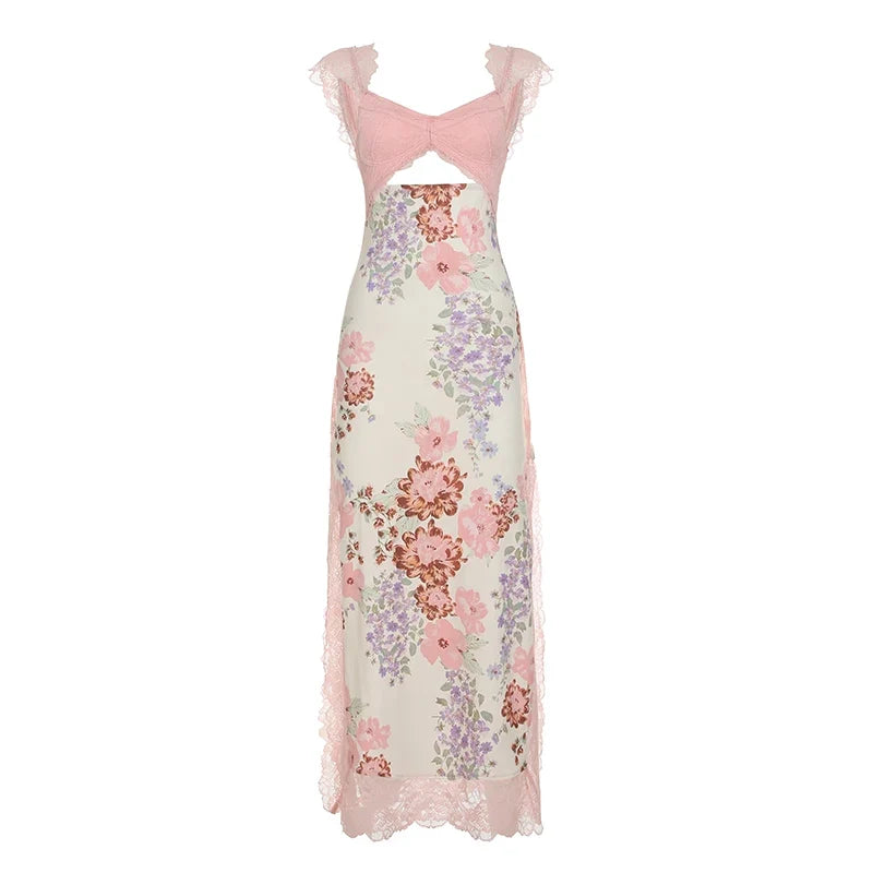 Flower Print Lace Trim Cut Out Camisole Dresses Sleeveless Spliced Skinny Side Split Sexy Elegant Frocks