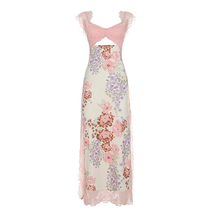 Flower Print Lace Trim Cut Out Camisole Dresses Sleeveless Spliced Skinny Side Split Sexy Elegant Frocks