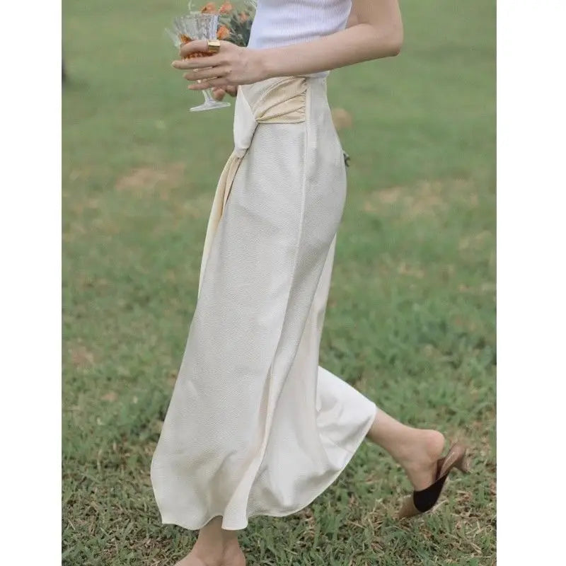 Niche retro colour collision splicing high waist thin open a-line bustier skirt fashion women's skirt 2024