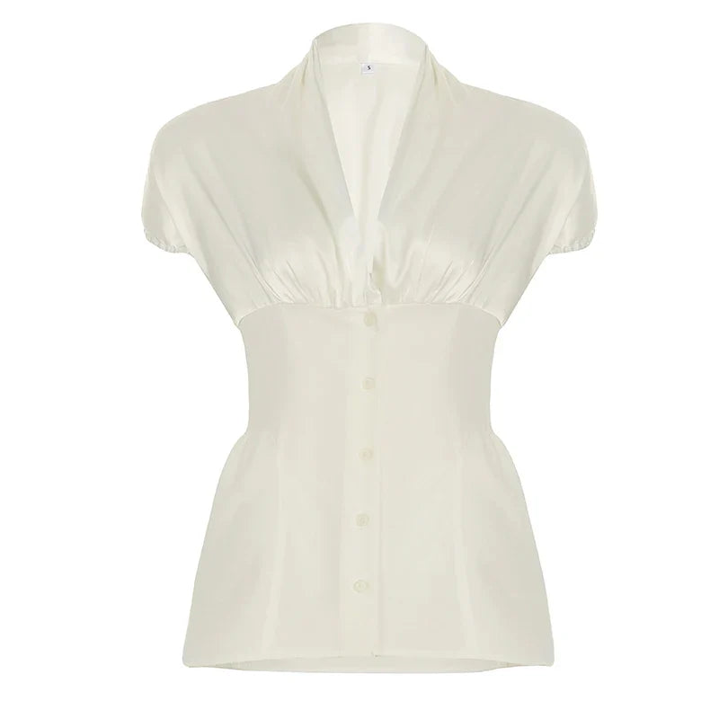 French Retro Satin A-line Shirt Chic Fashion Slimming Short Sleeve V-neck Blouses Office Ladies Elegant Top All-match