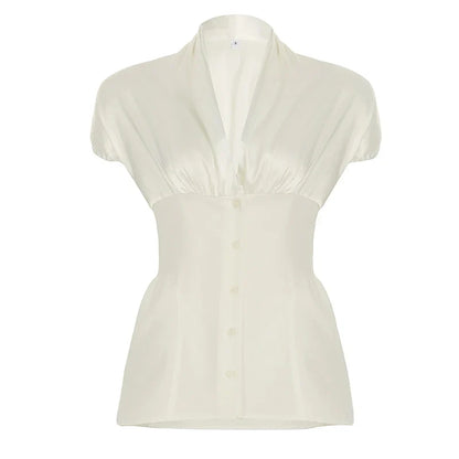 French Retro Satin A-line Shirt Chic Fashion Slimming Short Sleeve V-neck Blouses Office Ladies Elegant Top All-match