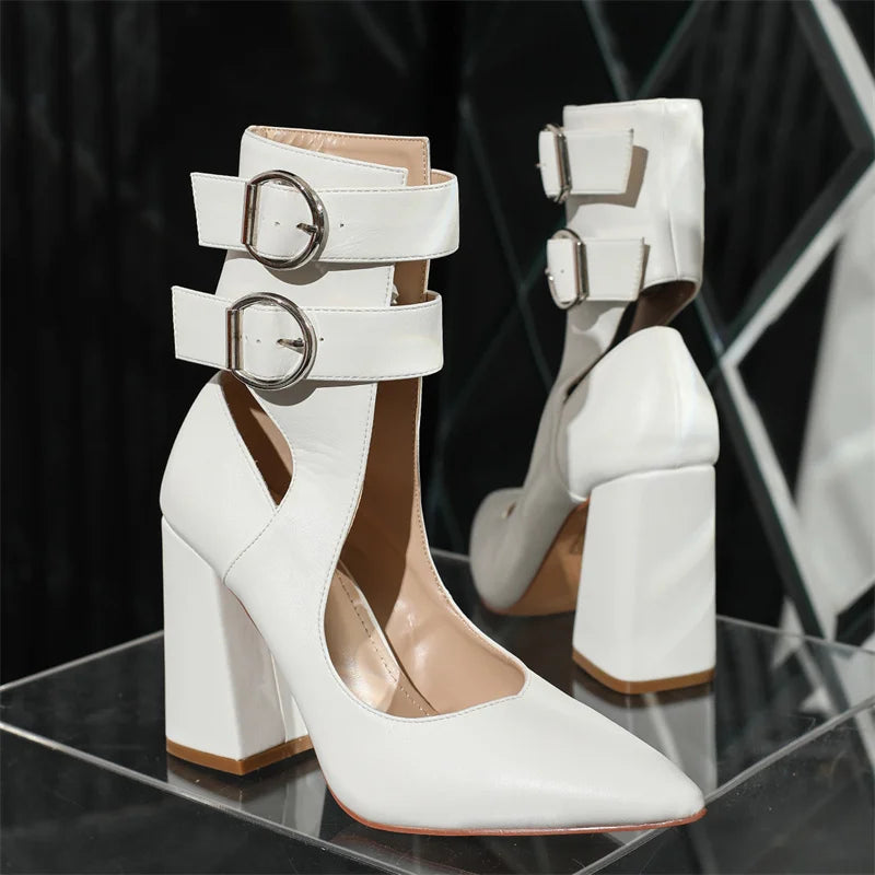 Mary Janes Belt Buckle Pointed Toe Hollow Out Women Pumps Solid Color High Heels Sandals All Match Elegant Concise Female Shoes