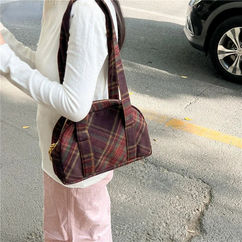 New Vintage Woolen Plaid Tote Bags Casual Handbag Korean All-match Design Fashion Women Shoulder Bag