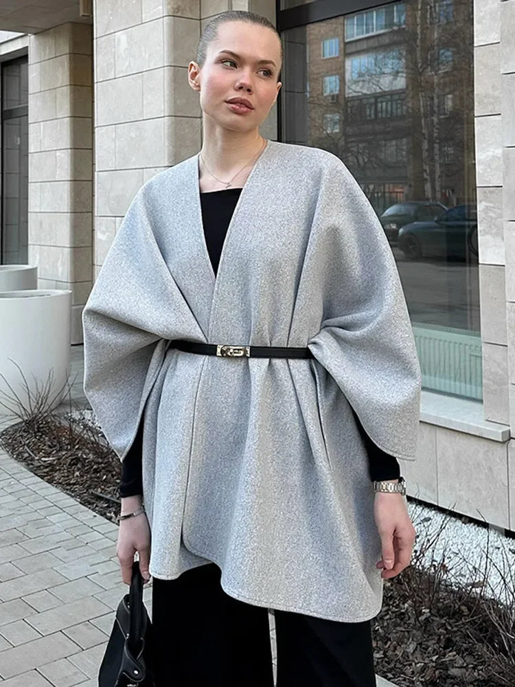 Elegant Women's Woolen Cloak Coats V-neck Lace-up Long Overcoats Loose Belt Autumn Jacket 2025 Buttonless Streetwear Outerwears