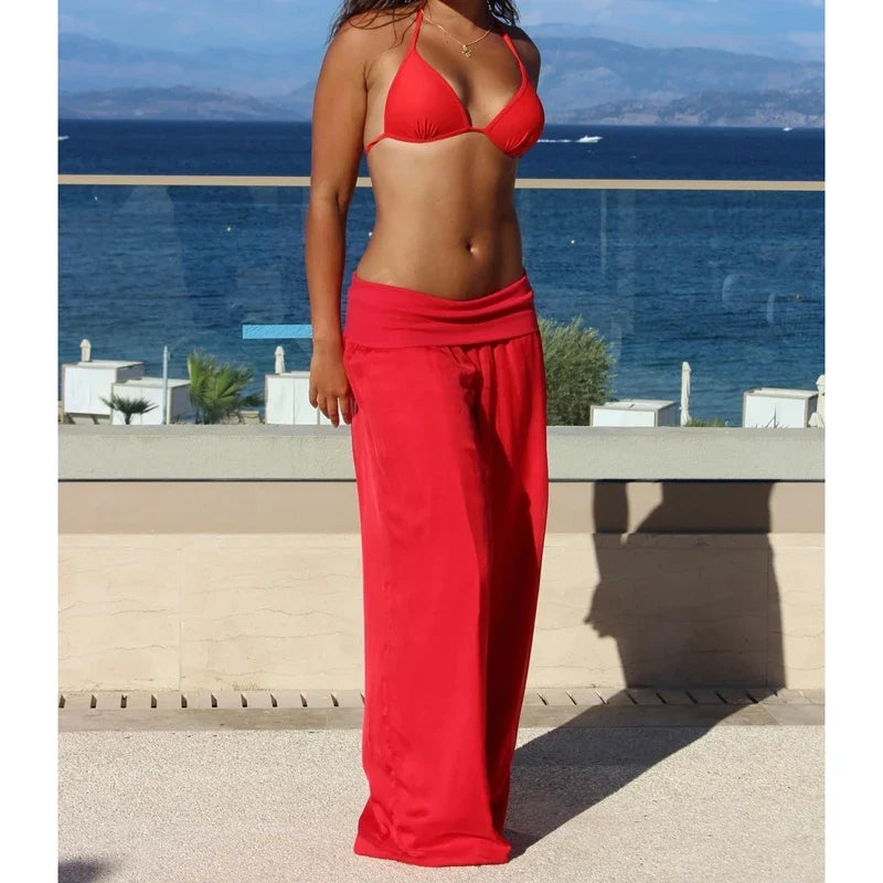 Womens Wide Leg Long Pants Elastic High Rise Fold Over Waist Trousers Loose Fit Casual Palazzo Pants Street Beachwear