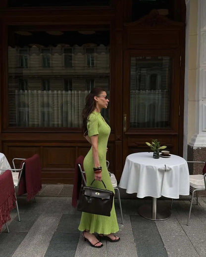 Hollow Out Knitted Short Sleeve Maxi Dress Women's Crew Neck Tie Solid Color Slim Long Dress Summer Casual Streetwear
