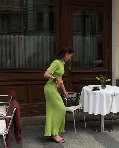 Hollow Out Knitted Short Sleeve Maxi Dress Women's Crew Neck Tie Solid Color Slim Long Dress Summer Casual Streetwear