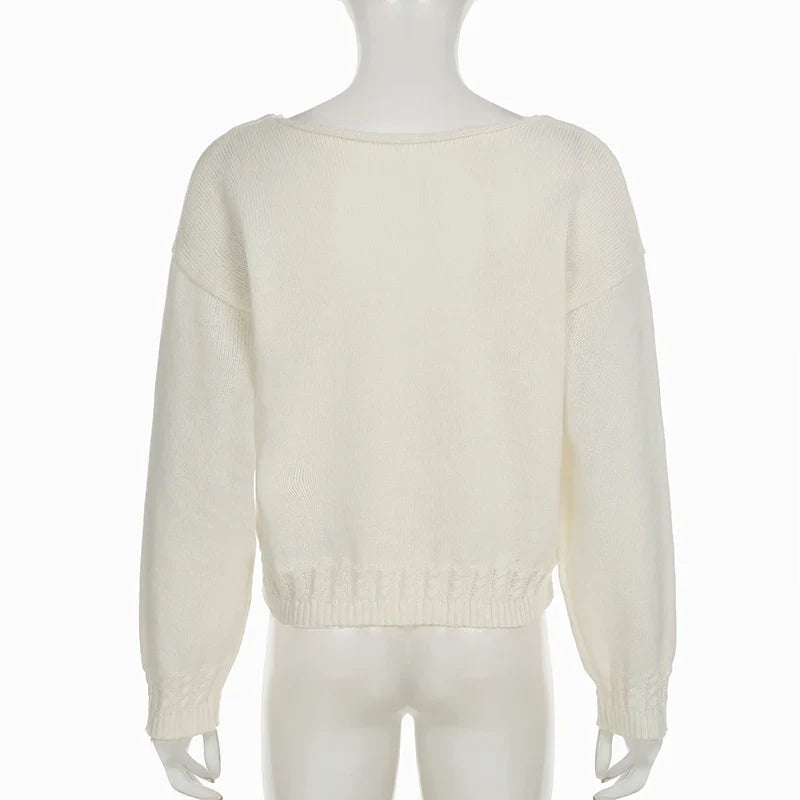 V-neck Solid Casual Sweater Simple All-match Cable-knit Knitwear Pullovers Fall Women Clothes Streetwear Loose Fit Tops