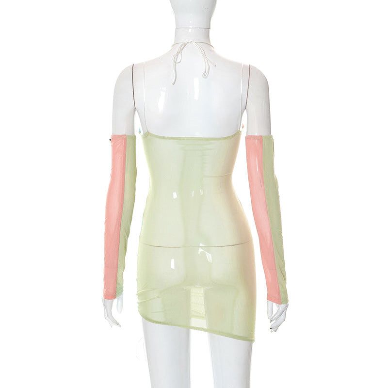 Patchwork Ruched Halter Cutout Drawstring Side Bodycon Mini Dress