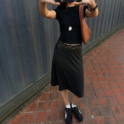 Lace Splicing Mid-Length Skirt Women High-Waisted Fluid Stylish Casual Commuter Skirt Spring Summer New Street Skirt