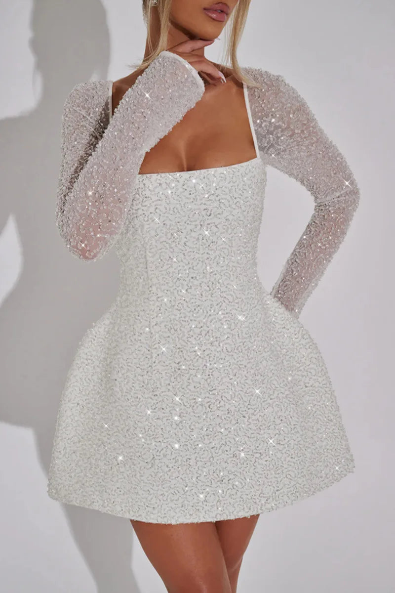 Square Neck Long Sleeve Sequin Fit and Flare Mini Dress
