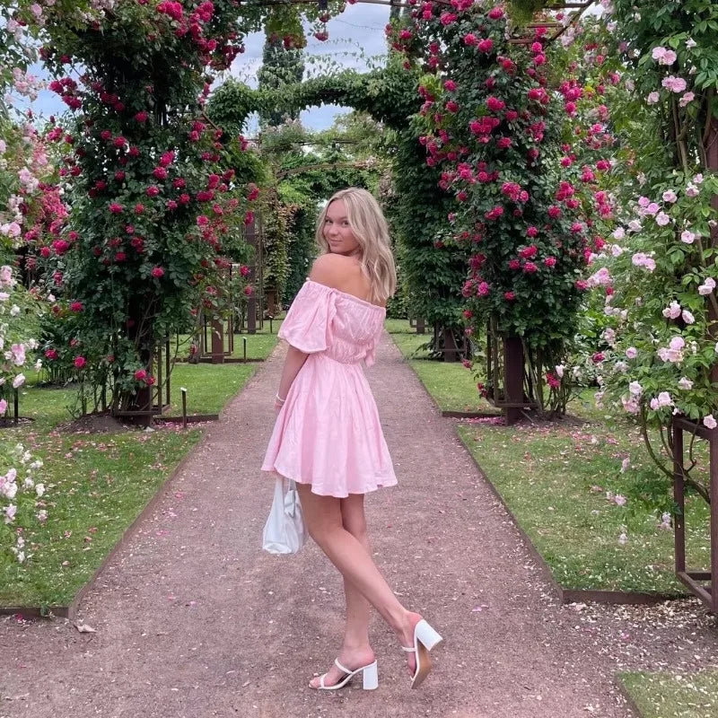 Elegant Sexy Square Collar Mini Dress Women Vintage Puff Short Sleeve Elastic Waist Summer Dresses Female Boho Vestidos