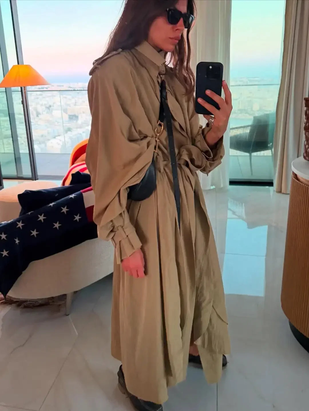 Women Solid Lace Up Windbreaker Fashion Long Sleeve Lapel Collar Loose Jacket Lady New Autumn Commuting High Street Outerwear