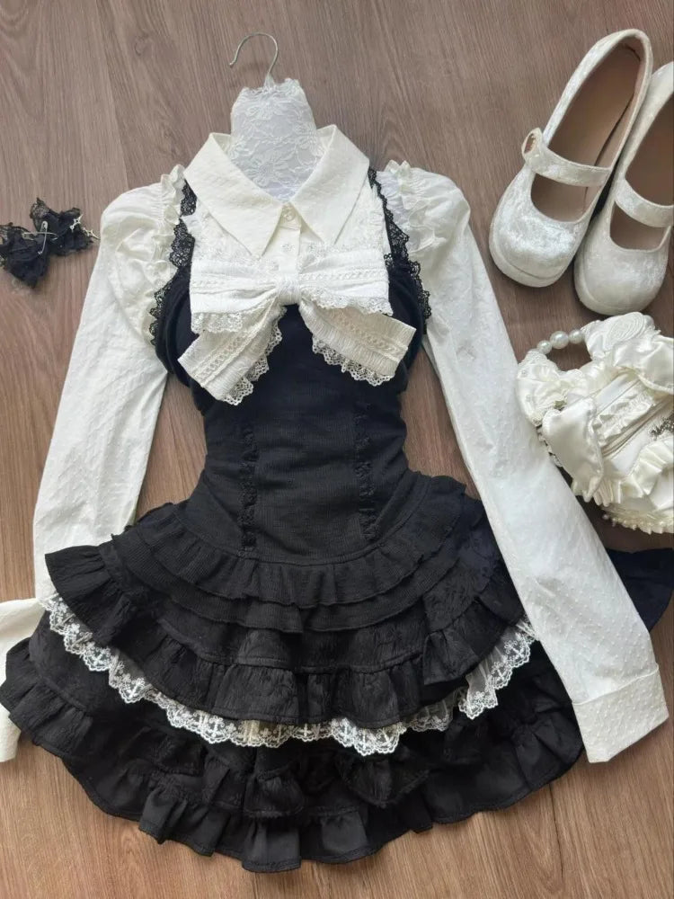 Sweet All-match Fungus Long Sleeve Shirts+ Y2k Sexy Slim Waist Lace Vest+ Hight Waist Ruched Cake Skirts Three Piece Sets