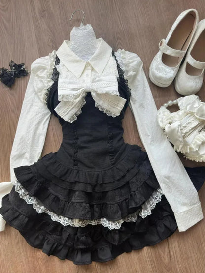 Sweet All-match Fungus Long Sleeve Shirts+ Y2k Sexy Slim Waist Lace Vest+ Hight Waist Ruched Cake Skirts Three Piece Sets