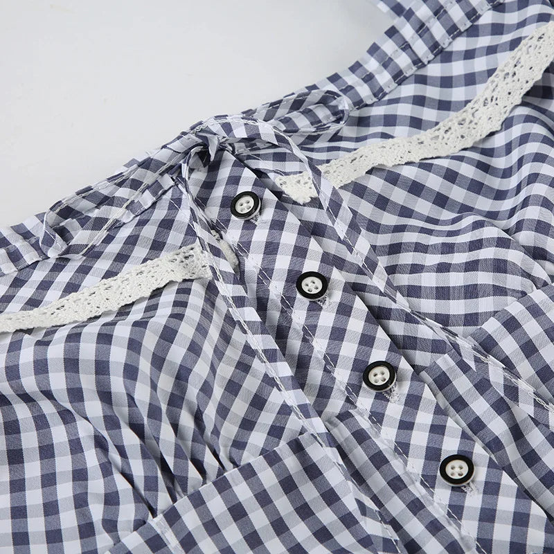 Sweet and spicy retro lace lace patchwork check shirt French daily basic cinched waist style school square neck top