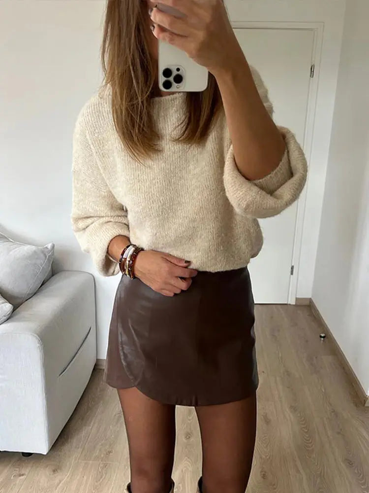 Leather Vintage Mini Skirt Women High Waist Straight Pants Zipper Skirts Female Autumn Chic Street All-match Solid Robe