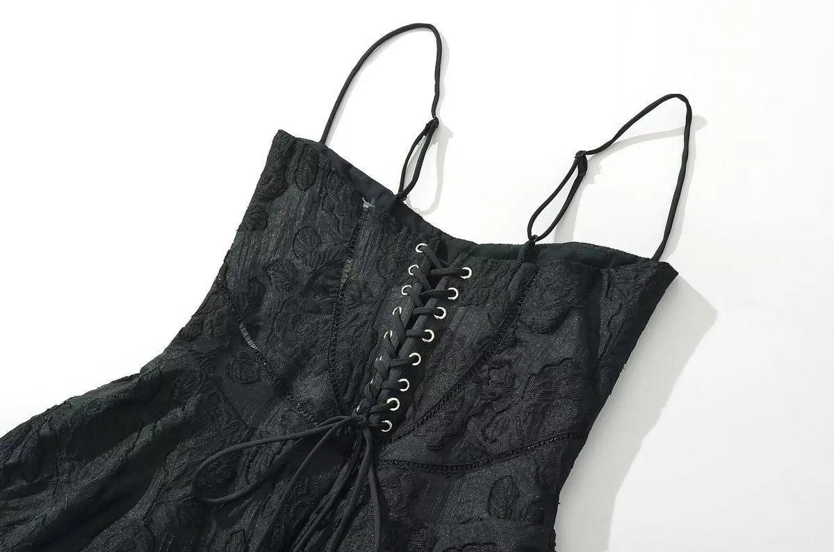 Vintage Jacquard Sling Sexy Dress For Women Thin Straps O Neck Low Waist A-line Mini Dresses Female Lace Up Back Summer Robe