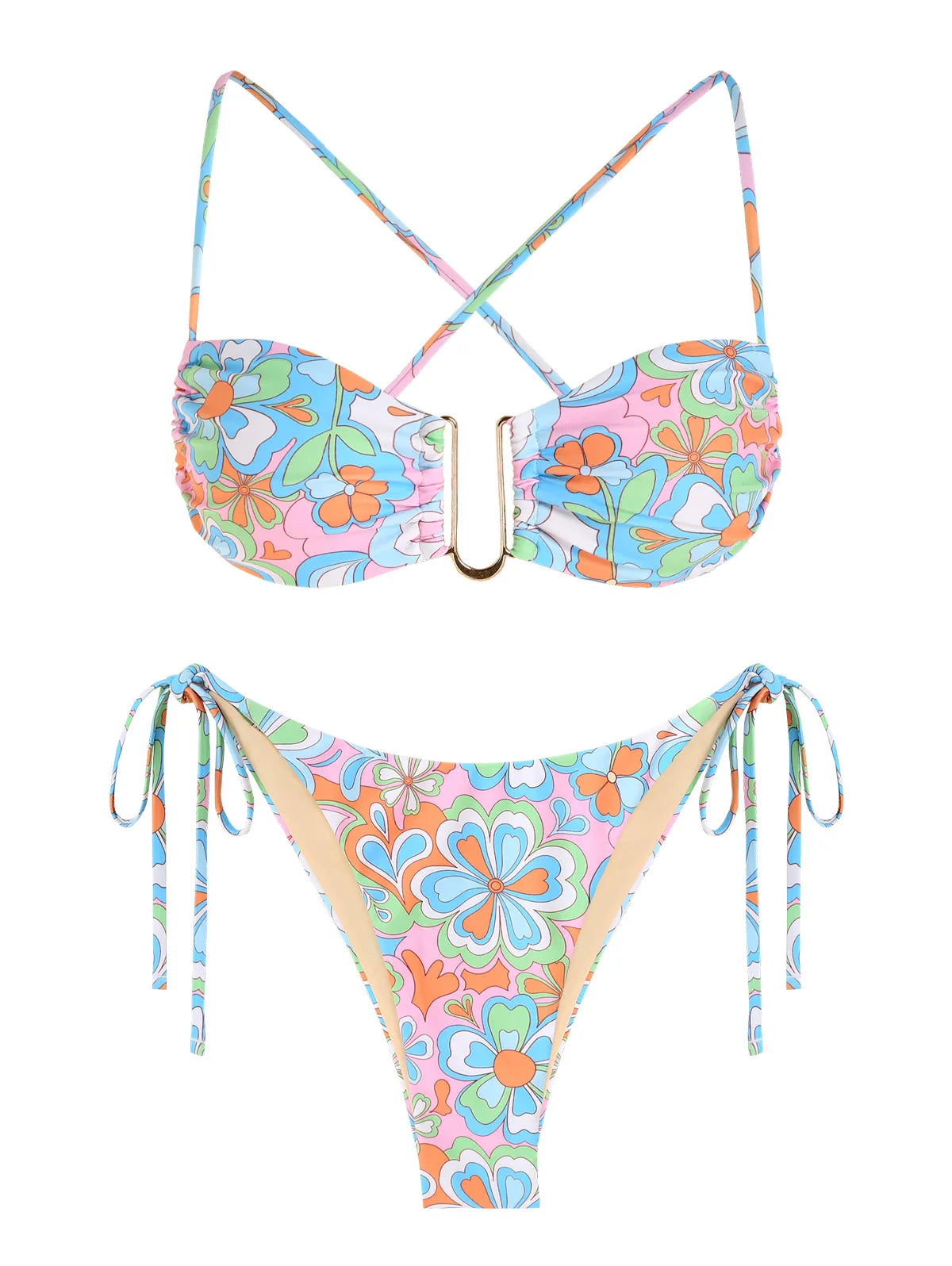 Women's swimsuit Tie Side Floral Criss Cross U-wire Metal Hardware Bikini Swimwear