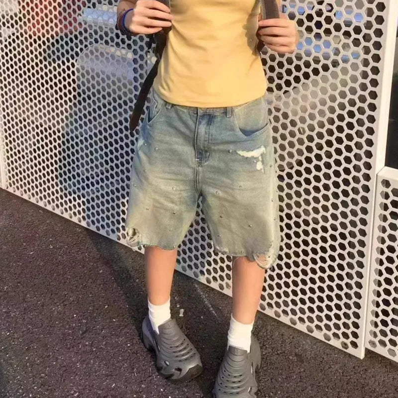 Diamond Studded Denim Shorts Men Women Trousers Summer Design Hip Hop Brushed Work Pants 2000s Baggy Jeans Y2k Streetwear