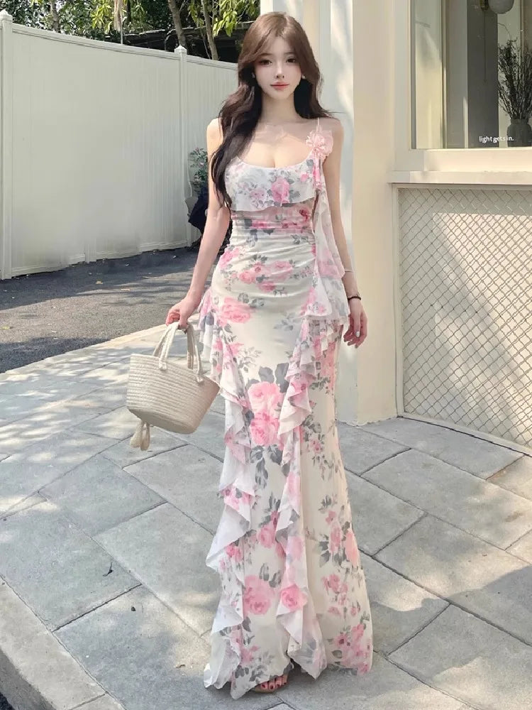 Women Dresses Sleeveless Slash Neck Gradient Floral Printed Mesh Patchwork Slim Vintage Elegant Party Dress Ladies