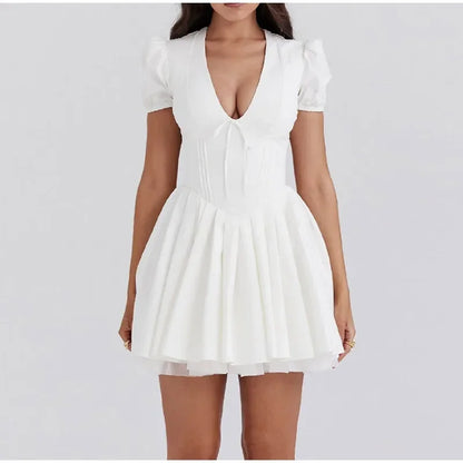 Women Elegant Satin Solid Lace Up Pleated Hem Dresses Chic V-neck High Waist A-line Mini Dress 2024 New Lady Evening Party Prom
