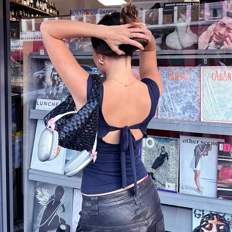 Solid Open Back Lace Up Crop Tank Top Women Crew Short Sleeve Slim Versatile T-shirt Hottie Y2K Casual Tees Streetwear