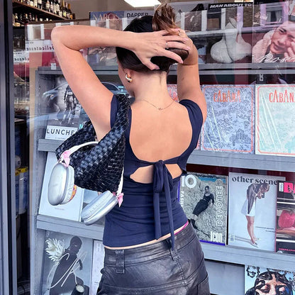 Solid Open Back Lace Up Crop Tank Top Women Crew Short Sleeve Slim Versatile T-shirt Hottie Y2K Casual Tees Streetwear