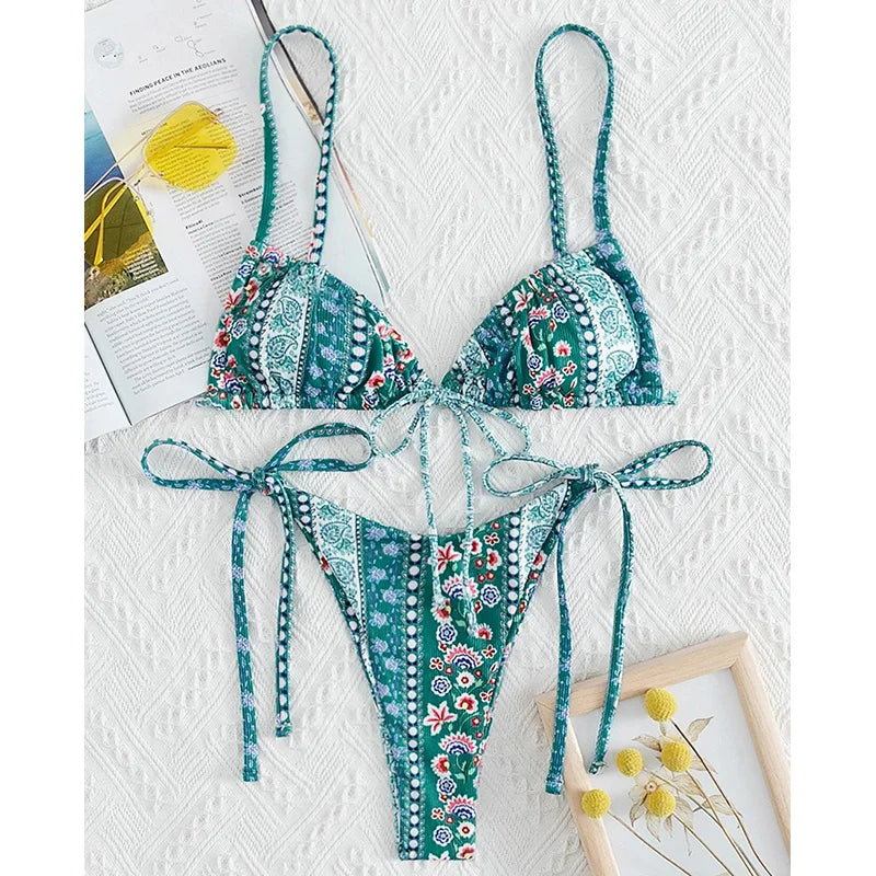 New Floral Print String Bandage Bikinis Triangle Cup Push Up Swimsuit Women Bathing Suit Beachwear Halter Swimwear XS