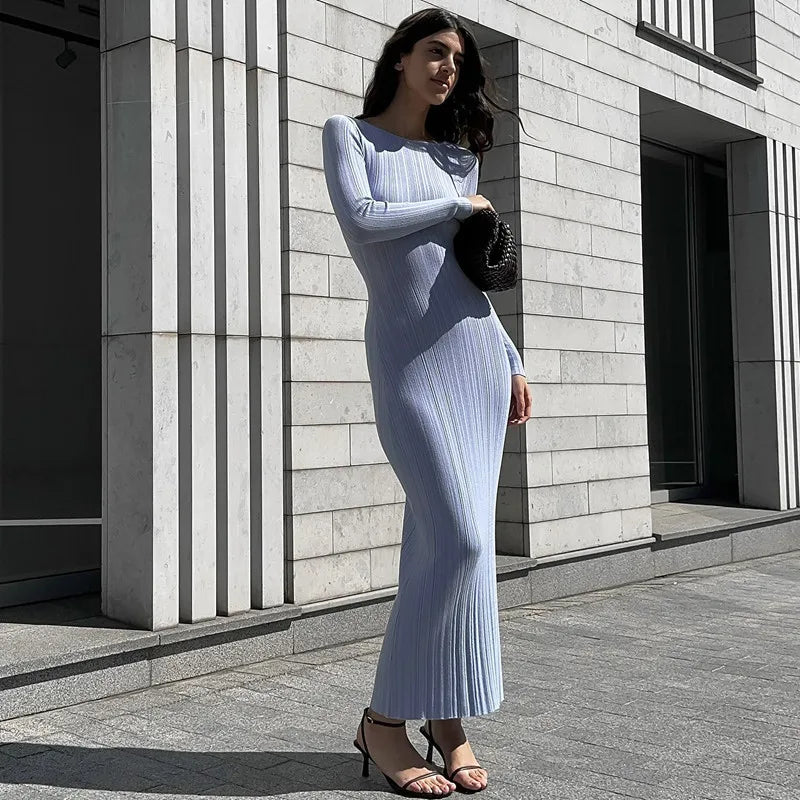 Rib Knit Crew Neck Long Sleeve Bodycon Maxi Dress