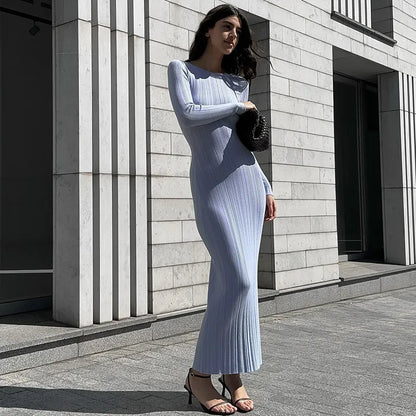 Rib Knit Crew Neck Long Sleeve Bodycon Maxi Dress