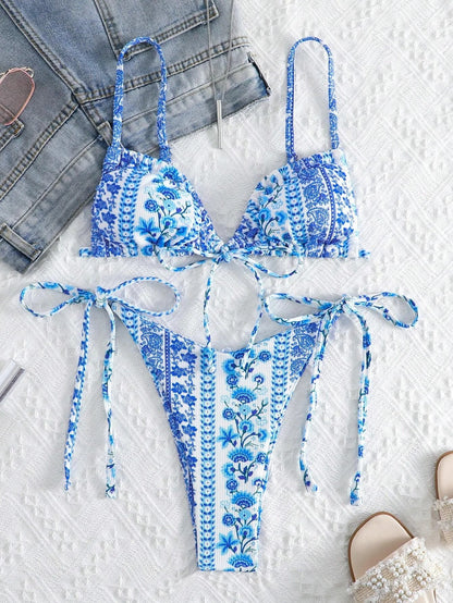 New Floral Print String Bandage Bikinis Triangle Cup Push Up Swimsuit Women Bathing Suit Beachwear Halter Swimwear XS