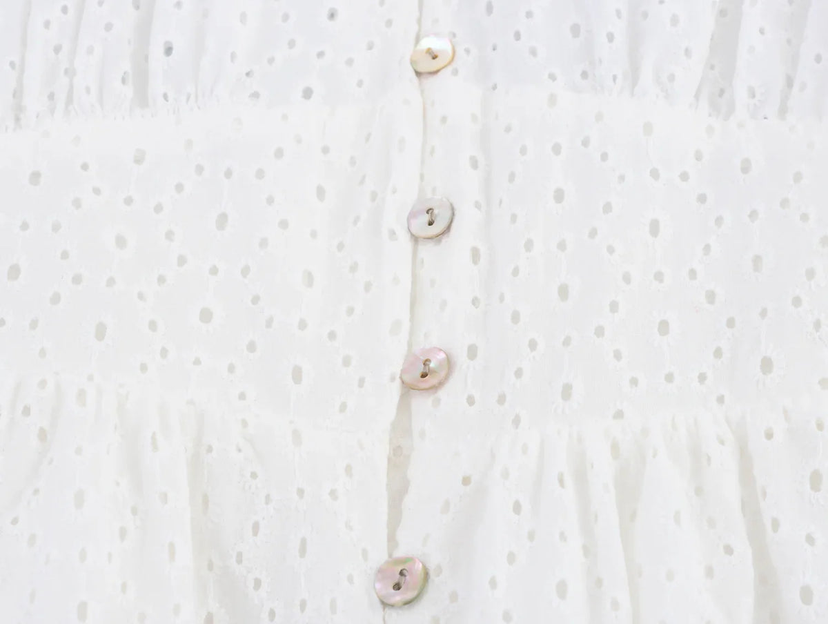Lantern Sleeve Flower Embroidery Short Dress Elastic Waist A-line White Women Dress Vacation Casual Summer Dresses