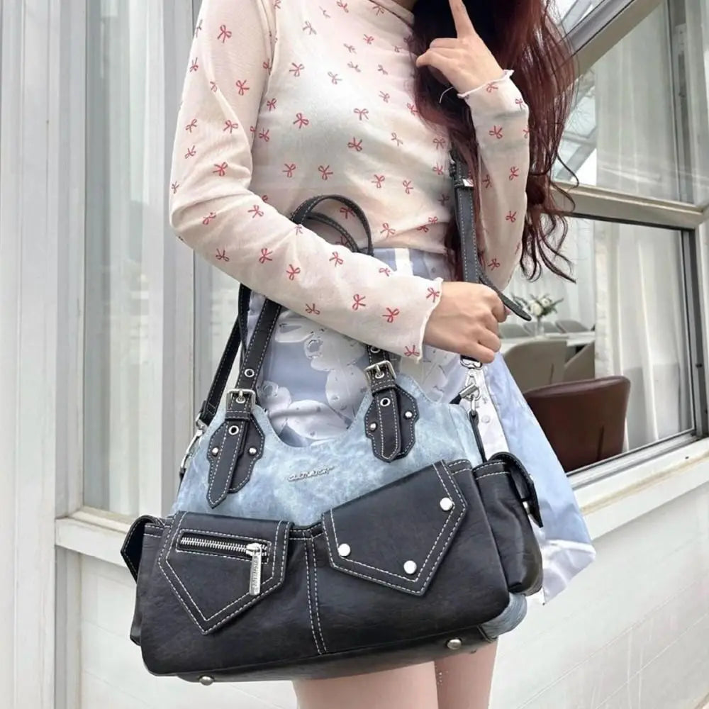 Women's Fashion PU Leather Shoulder Bag Large Capacity Crossed Color Cowboy Backpack Multifunctional Underarm Bag Casual Outing