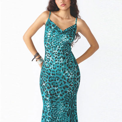 Spaghetti Strap Cowl Neck Print Bodycon Maxi Dress