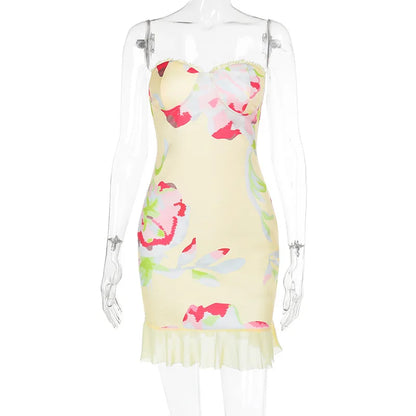 Printed Off Shoulder Backless Ruffle Mini Dress