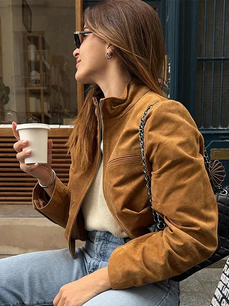 Stand Collar Suede Leather Jacket Coat Zipper Retro Long Sleeved Casual Biker Jackets Loose Fashion Front Shoulder Short Outwear