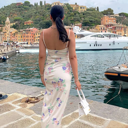 Schinotch Women Spring Sexy Dress Sexy Spaghetti Strap Backless Ladies Drawstring Floral Dress