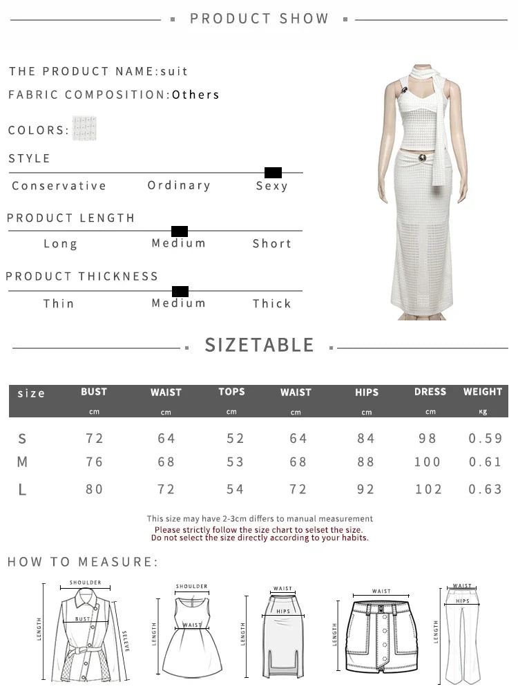 Elegant Sequined Patchwork 3 Piece Set Women Basic Scarf+Square Collar Tank Tops+Ruched Long Skirt Matching Trend Suits
