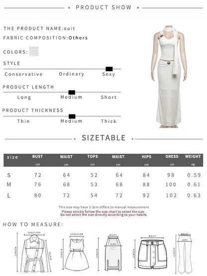 Elegant Sequined Patchwork 3 Piece Set Women Basic Scarf+Square Collar Tank Tops+Ruched Long Skirt Matching Trend Suits