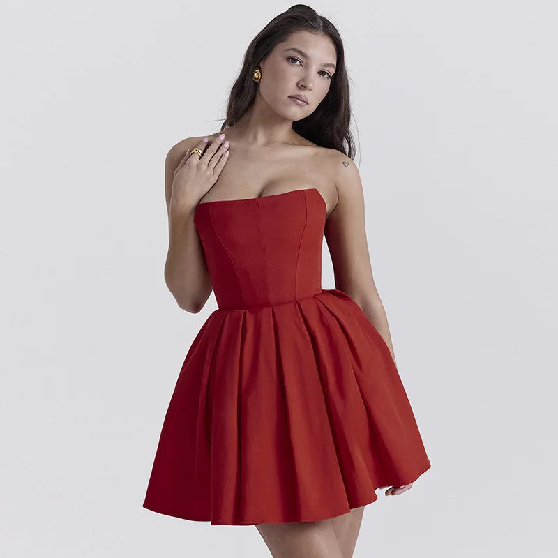 Strapless Corset Panel Pleated Fit and Flare Mini Dress