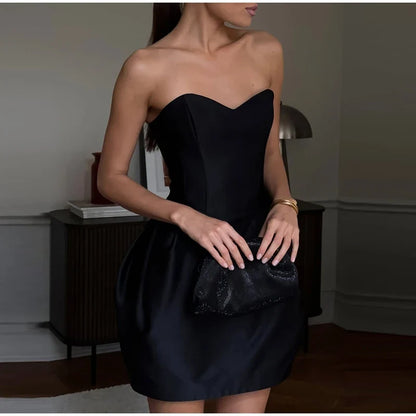 Red Strapless Puff Pleated Hem Women Dress Sexy Off Shoulder Slim Backless Sleeveless Dresses Female Evening Party Club Gown